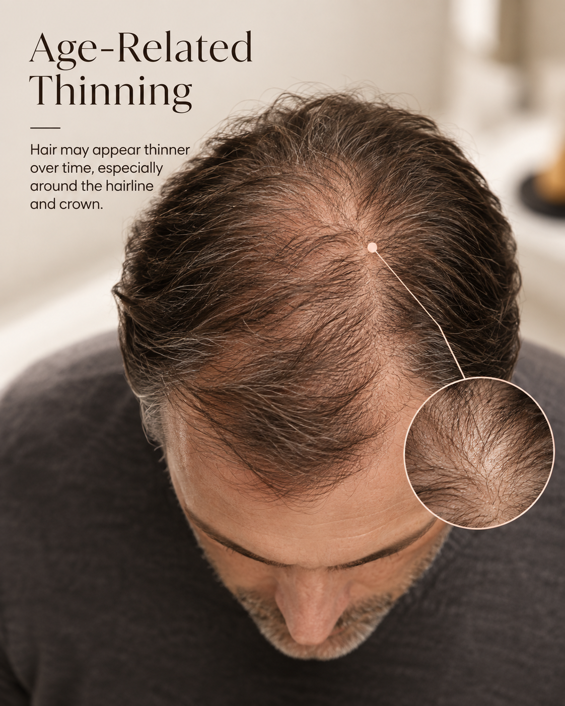 Age-related hair thinning visible at the crown